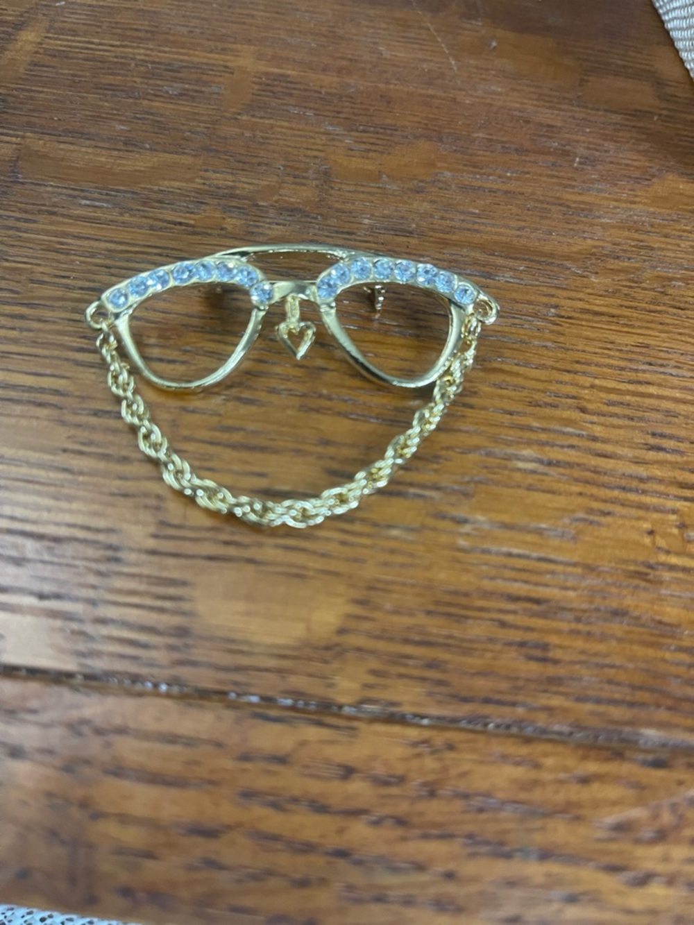 Gold Rhinestone Eyeglass Brooch with Heart Charm